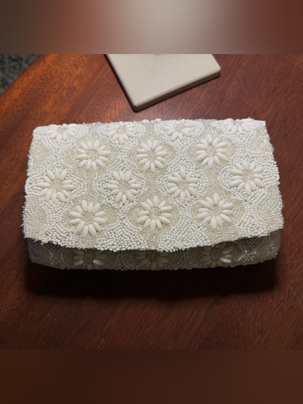 Elegant White Beaded Floral Clutch